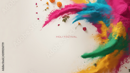 Colorful powder and flowers arranged in a festive pattern for Holi celebration