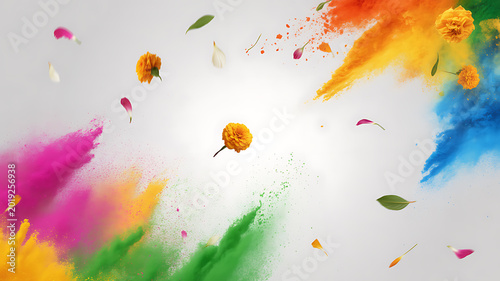 Colorful powder explosion with floating marigold flowers and petals against a white background