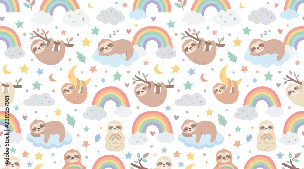Fototapeta premium Cute Cartoon Vector Pattern for Children with Adorable Sloths, Rainbows, Clouds, Moons, and Stars