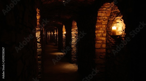 Narrow stone passage with arched recesses into deep dark, flickering candlelight, atmospheric underground tunnel for horror games