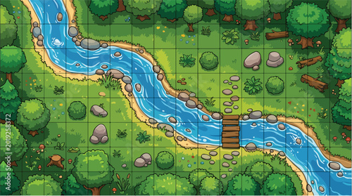 Fantasy RPG battle map with river and forest, top-down tabletop gaming grid, cartoon forest landscape for strategy games