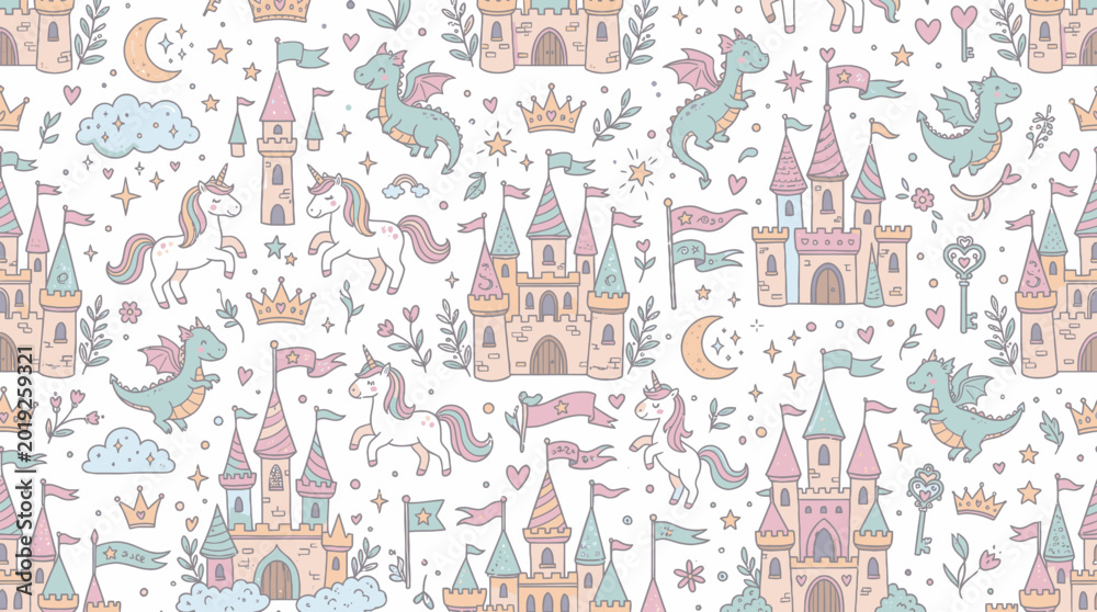 Fototapeta premium Cute Hand-drawn Pastel Fairytale Kids Fantasy Pattern with Castles, Unicorns and Dragons