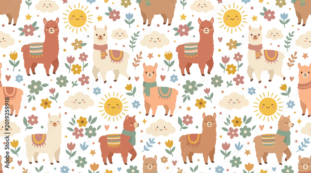 Fototapeta premium Cute Children's Alpaca Llama Seamless Pattern with Sun and Flowers - Flat Cartoon Illustration