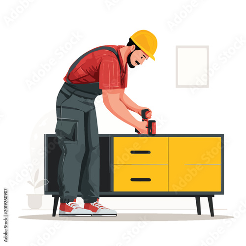 Man wearing hard hat using drill.