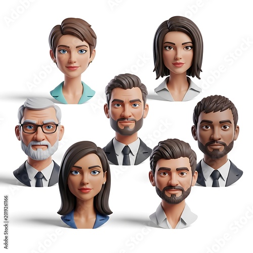 Group of diverse professional stylized character busts arranged on a white background