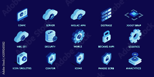 Cuadro en lienzo Isometric technology icons set in a grid arrangement blue and white color scheme