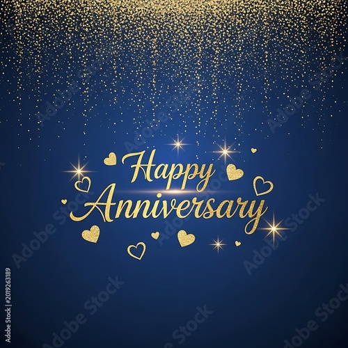Golden celebratory inscription shines against a deep blue background with falling glitter