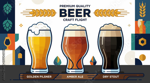 Quadro su tela Craft Beer Flight Illustration Featuring Golden Pilsner, Amber Ale, and Dry Stou
