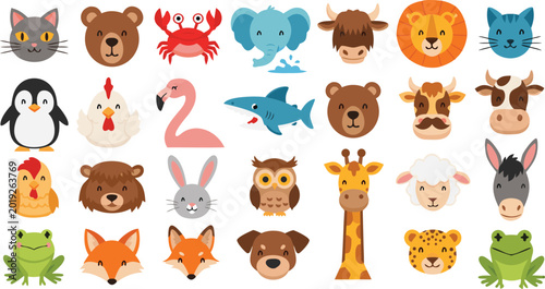 Photography Large cute animal face vector collection featuring hand drawn kawaii characters