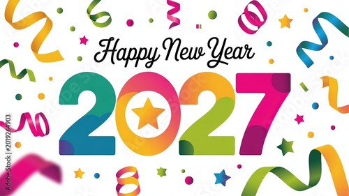 Vibrant Gradient 2027 New Year Celebration Design with Swirling Streamers Star Accents and Confetti for Greeting Cards Party Invitations and Digital Banners