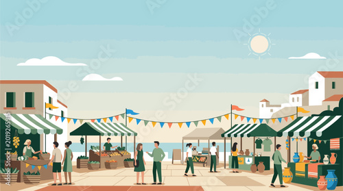 Принти на полотні Bustling outdoor street market by the sea with people shopping at stalls for fre