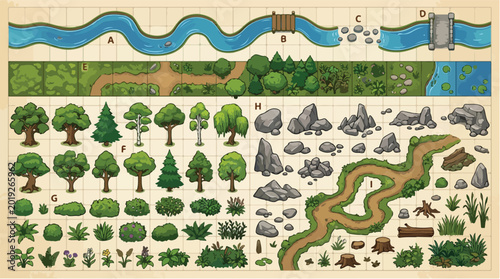 Foto Fantasy RPG world map assets, hand drawn game environment elements, vintage adve
