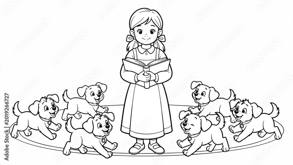 Fototapeta premium Little girl surrounded by happy dogs.
