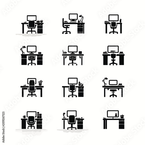Office desks with computers and chairs.