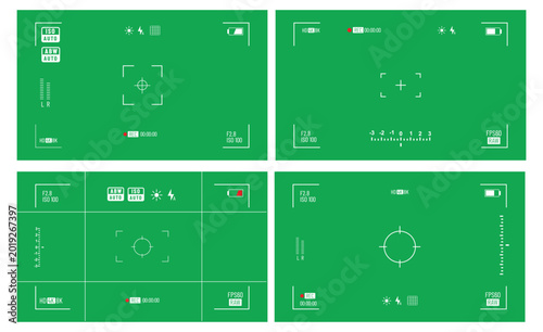 Foto Camera viewfinder recording interface on a Green screen with focus reticle, REC indicator, timecode, resolution icons, and UI elements