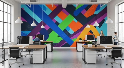Contemporary workspace interior features a large, brightly colored abstract mural on the back wall