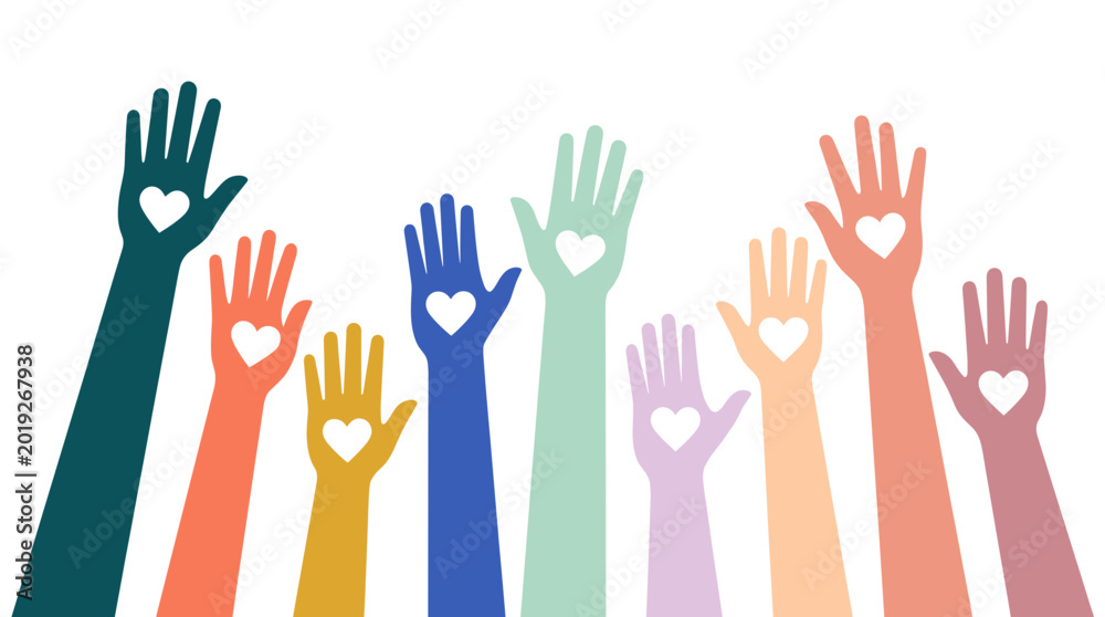Fototapeta premium Minimalist vector artwork featuring colorful raised hands with heart icons symbolizing justice, equality, compassion, and human rights awareness for International Justice Day projects and campaigns.