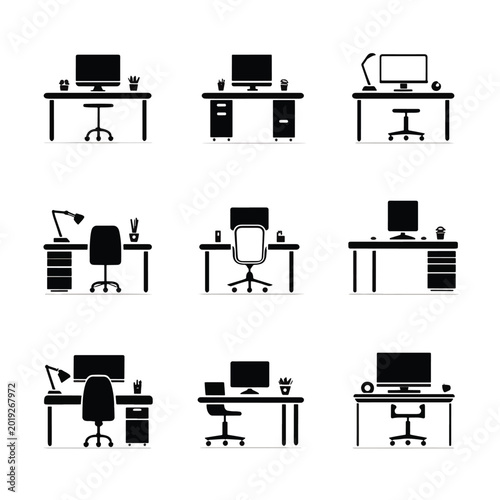 Office desks with computer equipment.