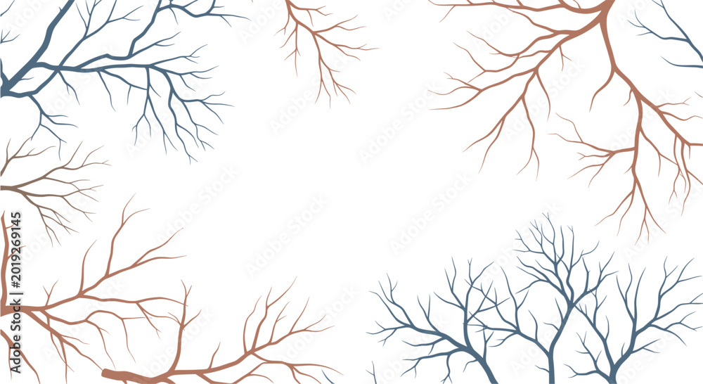 Fototapeta premium Abstract background featuring the silhouettes of bare tree branches in blue and brown shades framing a central white space for text or design.