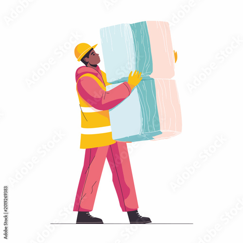 Man in safety gear carrying panel.