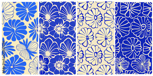 Fotografía Floral repeat pattern with blue and beige color scheme in four separate panels h