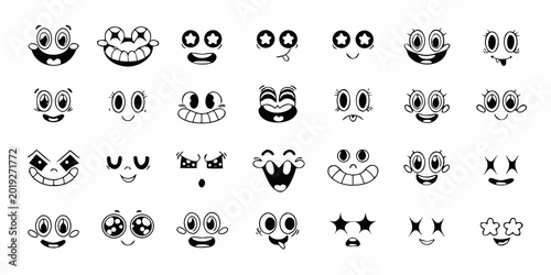 Obraz na plátně Collection of black and white cartoon face expressions vintage rubber hose anima