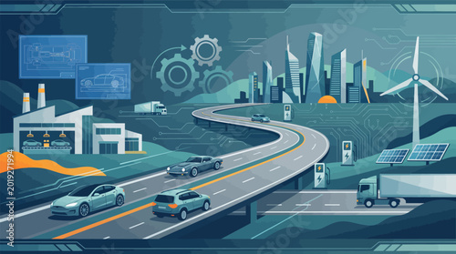 Tableau sur toile Futuristic Smart Highway with Digital Network and City