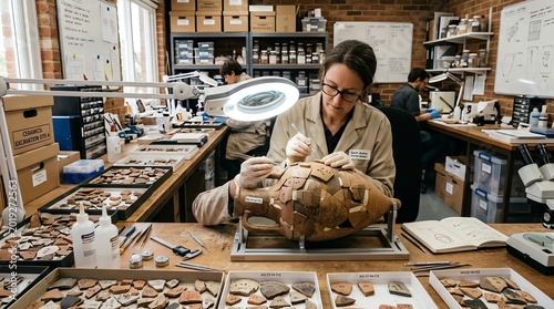 Archaeologist Examining Artifacts in a Museum Storage Room.