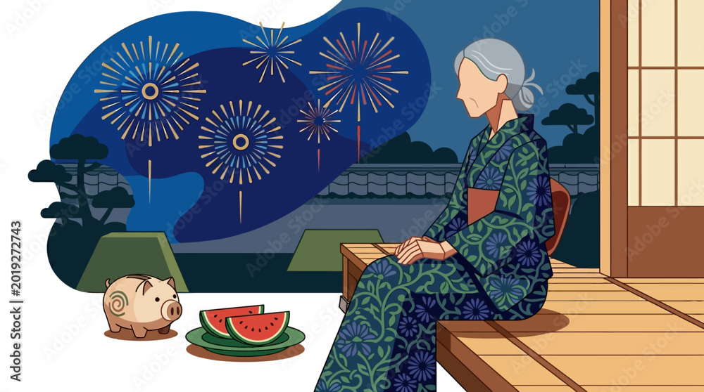 Φωτογραφία Japanese Elderly Woman in Yukata Watching Summer Fireworks from Traditional Vera