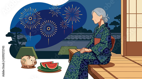 Fotografía Japanese Elderly Woman in Yukata Watching Summer Fireworks from Traditional Vera