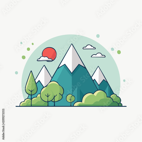 Stylized Mountain Landscape with Sun and Trees