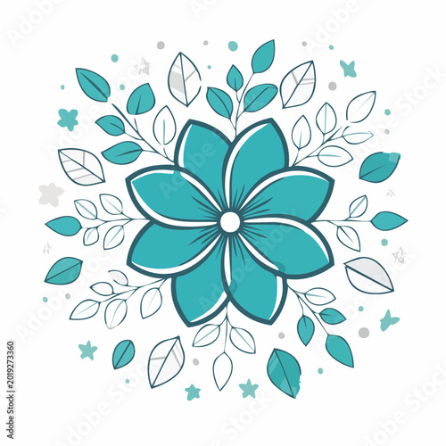 Teal Flower and Leaves Mandala Illustration