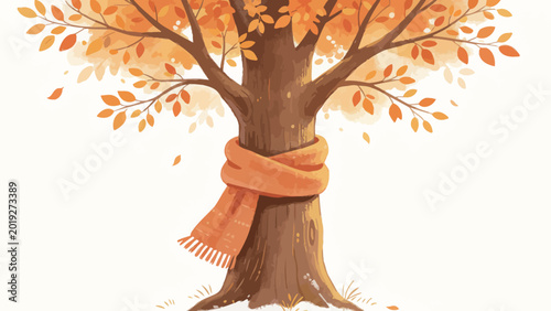 Whimsical Cozy Autumn Illustration of a Golden-Leaved Deciduous Tree Wrapped in a Warm Orange Knit Scarf, with Falling Autumn Leaves on a Clean Soft White Background
