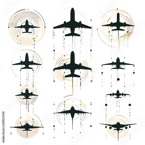 Airplane Silhouettes in Flight Patterns.