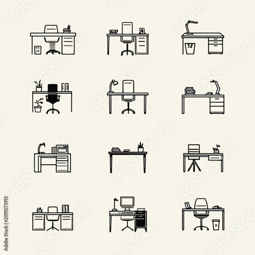 Various office desks with furniture.
