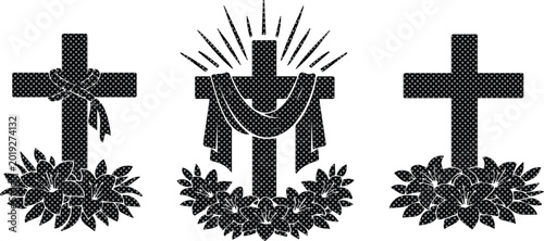 Schilderij op canvas Religious cross vector icon set, Christian crosses with floral wreaths and drape