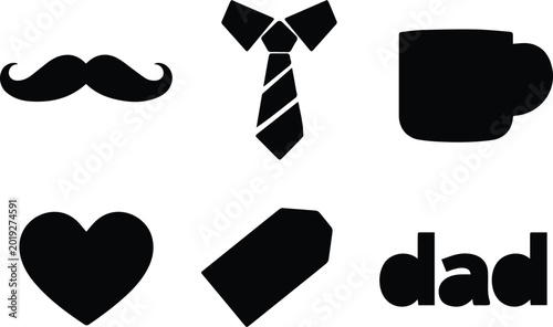 Father's Day vector icon set, black silhouette dad icons, celebration graphic resources for greeting cards and social media, essential dad-themed design elements