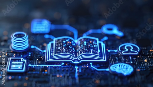 Technology and digital book icons on a circuit board for data intelligence library