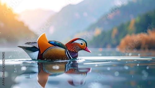 Colorful Mandarin Duck Swimming on Calm Mountain Lake at Sunrise