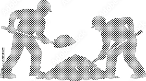 Tableau sur toile Construction workers silhouette, two laborers digging and shoveling dirt, industrial work vector illustration, manual labor and teamwork concept for building and development projects