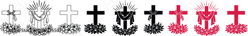 Fotografía Christian Cross Vector Set, religious symbols with floral wreaths and dove, spir