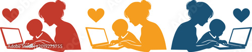 Foto Family digital learning vector set, mother and child using laptop together