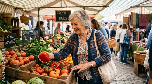 Happy senior woman shopping for fresh produce at an outdoor farmers market.