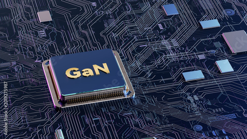 Realistic 3D render of gallium nitride GaN microchip with golden embossed text, placed on dark futuristic neon lit printed circuit board with scattered small surface mount electronic components