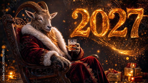 Anthropomorphic goat in a red velvet robe holding a glass of whiskey. Glowing 2027 New Year celebration background with fireworks and gold sparkles. Chinese zodiac Year of the Ram fantasy concept