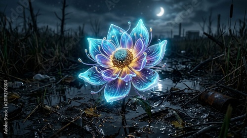 Glowing Blue Lotus Flower in a Dark, Mystical Landscape Under a Crescent Moon.