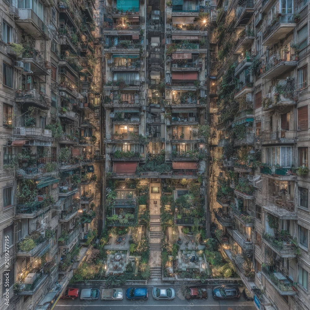 Obraz premium Overgrown Apartment Building with Lush Balcony Gardens