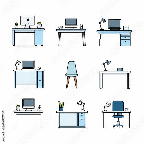 Office desks with computer equipment.
