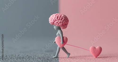 Brain and heart metaphor showing psychology concept of logic versus love emotions