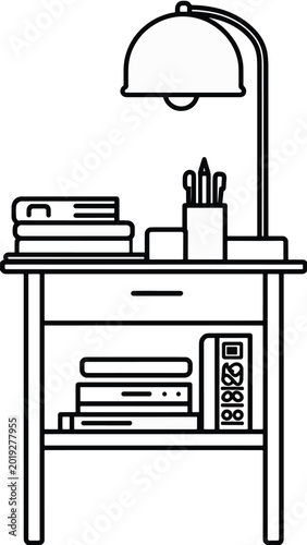 Desk with lamp and office supplies.